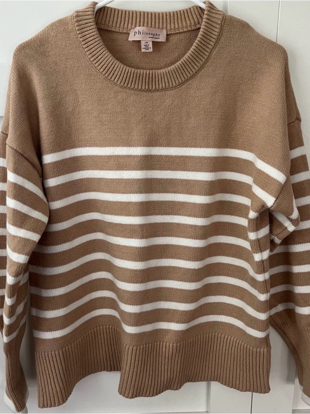 Philosophy Tan White Striped Knit Crewneck Sweater Size Large
